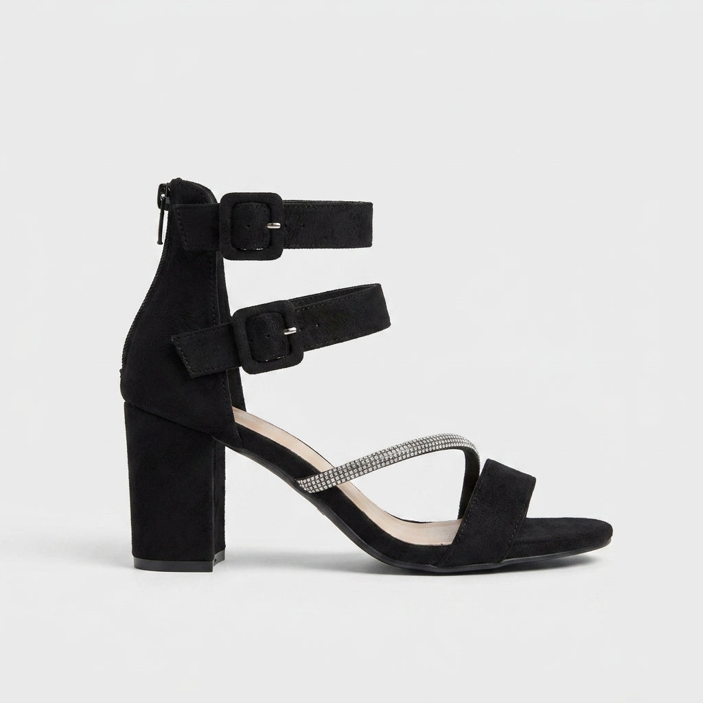 Women's Block Heels - Ankle Strap - Rhinestone Detail - Open Toe