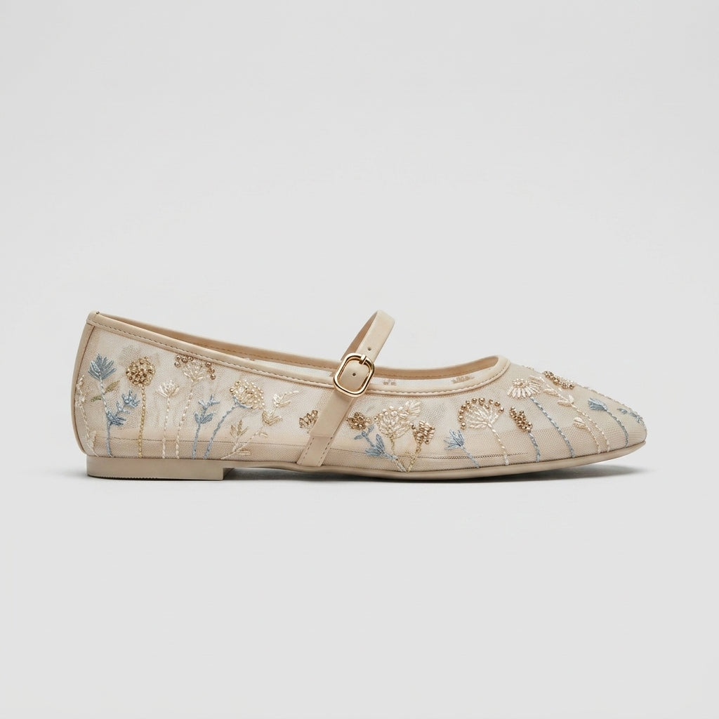 Women's Flats Mesh Embroidered Mary Jane Ankle Strap Ballet