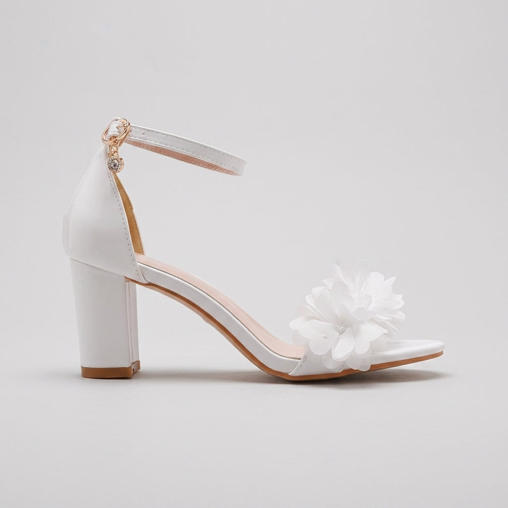 Women's White Bridal Block Heel Sandals - Ankle Strap - Floral Accent