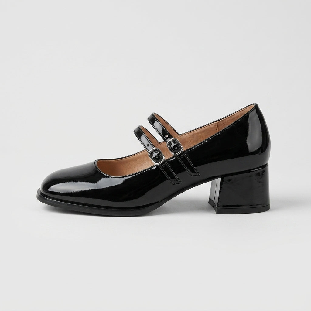 Women's Mary Jane Leather Heels - Double-Strap Block Heel Pumps