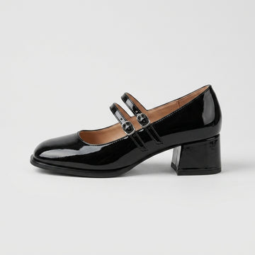 Women's Mary Jane Leather Heels - Double-Strap Block Heel Pumps