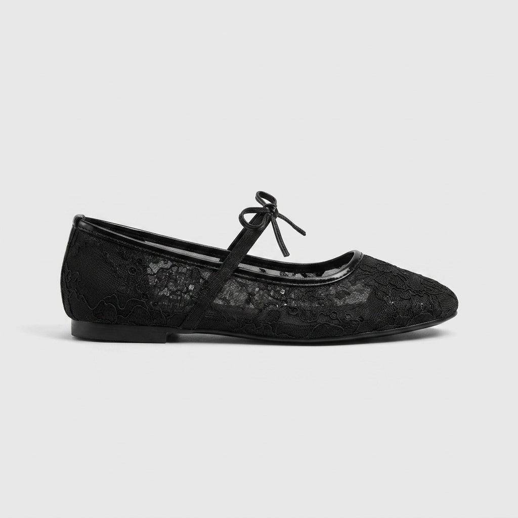 Women’s Mesh Mary Jane Flats - Sheer Panel Design - Bow Detail with Flat Sole