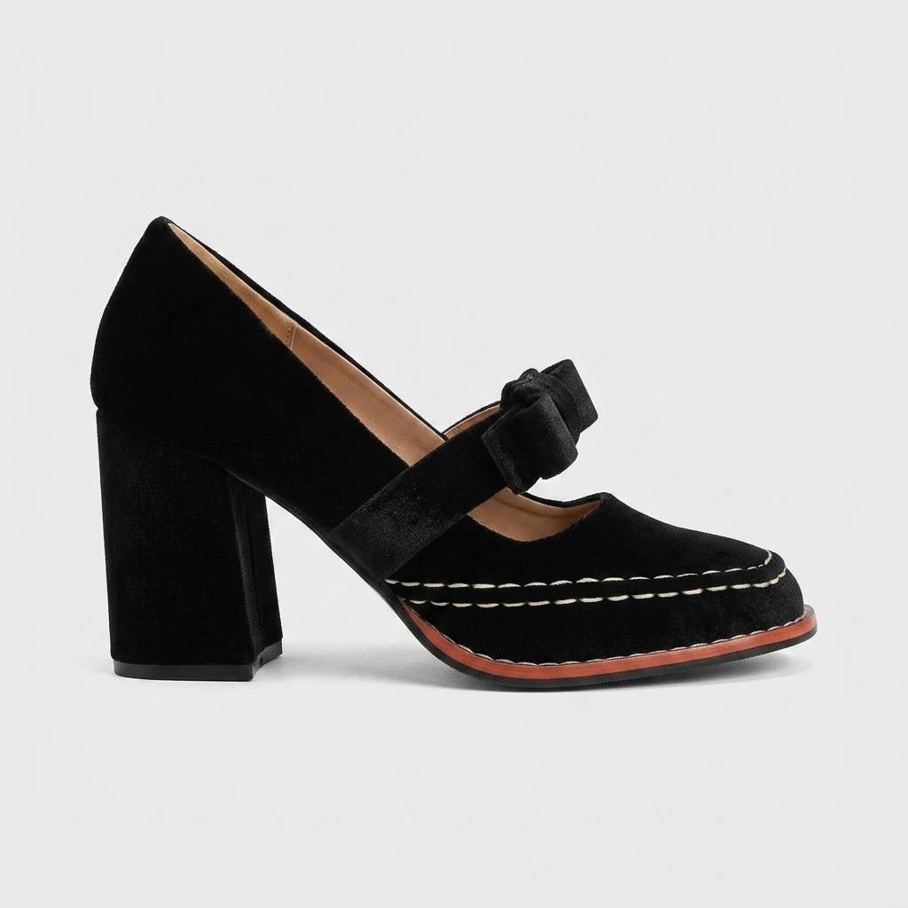 Women's Mary Jane Heels Velvet Block Heel Adjustable Bow Strap