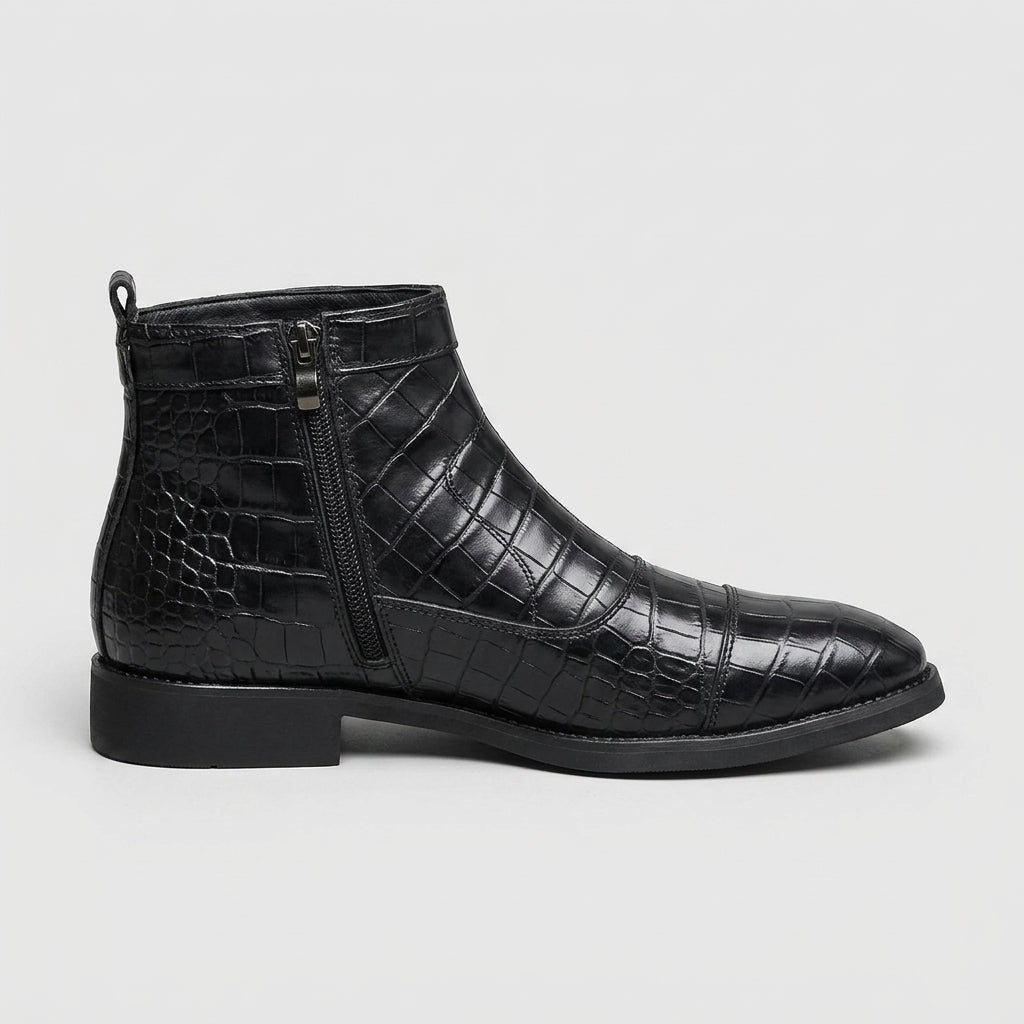 Men's Side Zip Ankle Boots with Croc-Embossed Upper and Block Heel