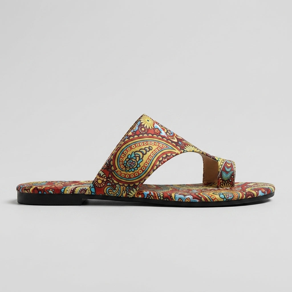 Women's Flat Sandals Split-Toe Paisley Print Hook-Loop Closure