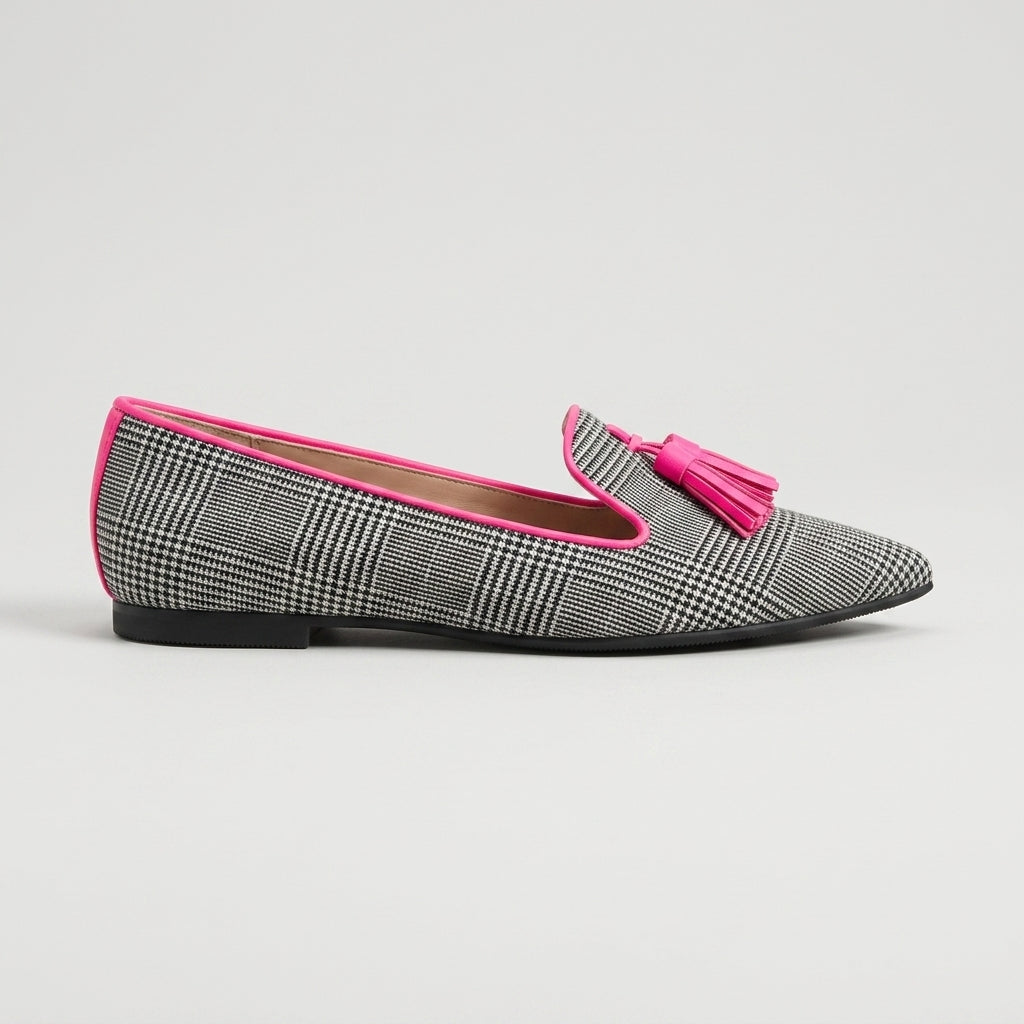 Women's Flats Pointed Toe Houndstooth Pattern Tassel Loafers