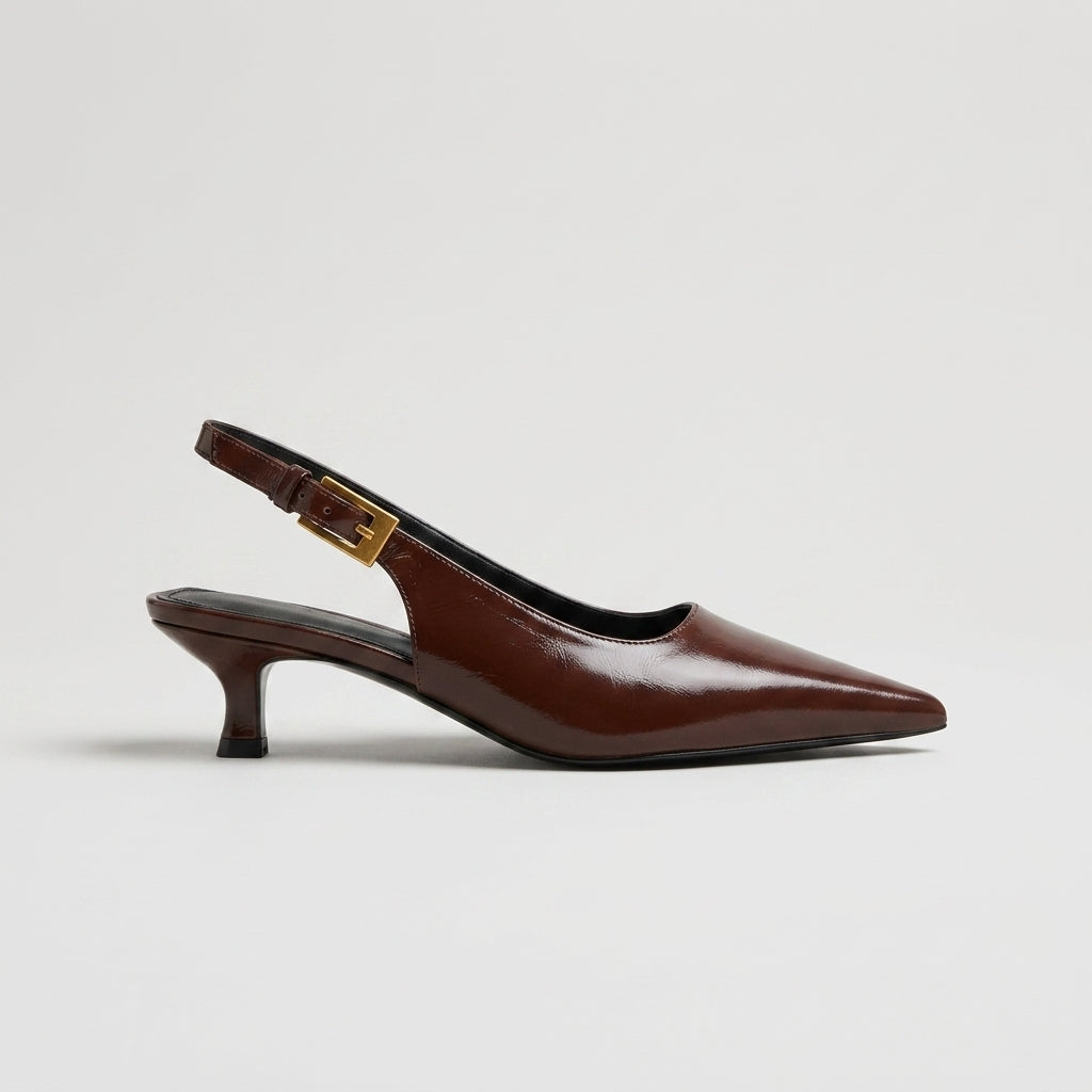 Women's Kitten Heels - Pointed Toe Slingback Pumps - Gold-Tone Buckle Strap