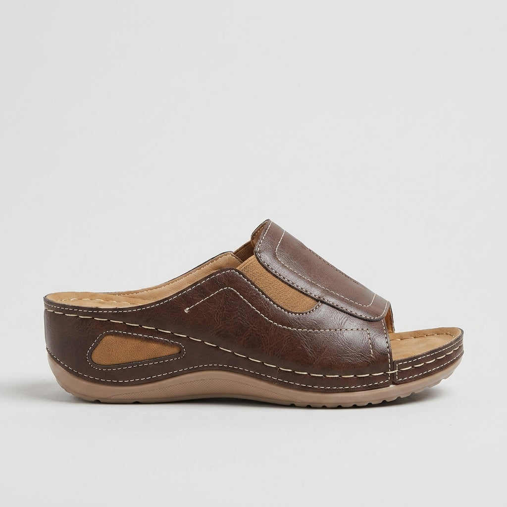 Women's Wedge Sandals - Open Toe Slide with Topstitch Detail and Cutouts