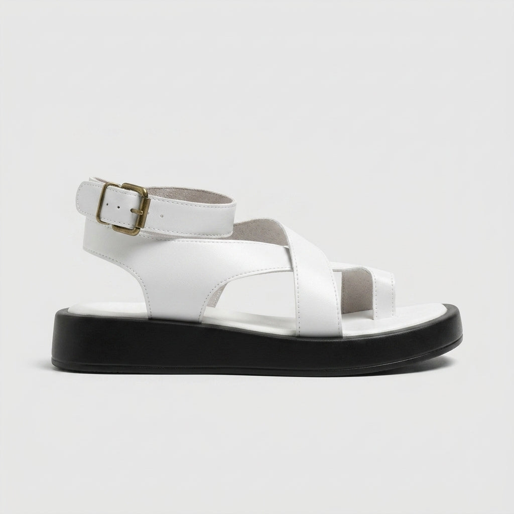 Women's Platform Sandals Cross-Over Straps Ankle Buckle Toe Loop