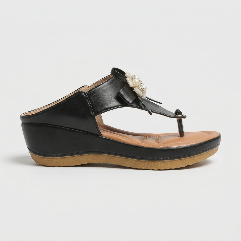 Women's Wedge Thong Sandals with Bow and Pearl Embellishment