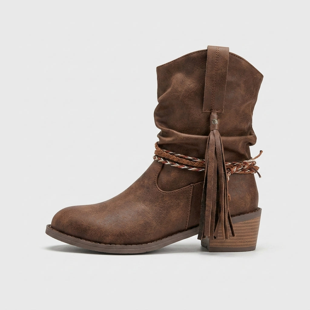 Women's Ankle Boots Mid-Calf Slouch Block Heel Tassel Wrap Detail
