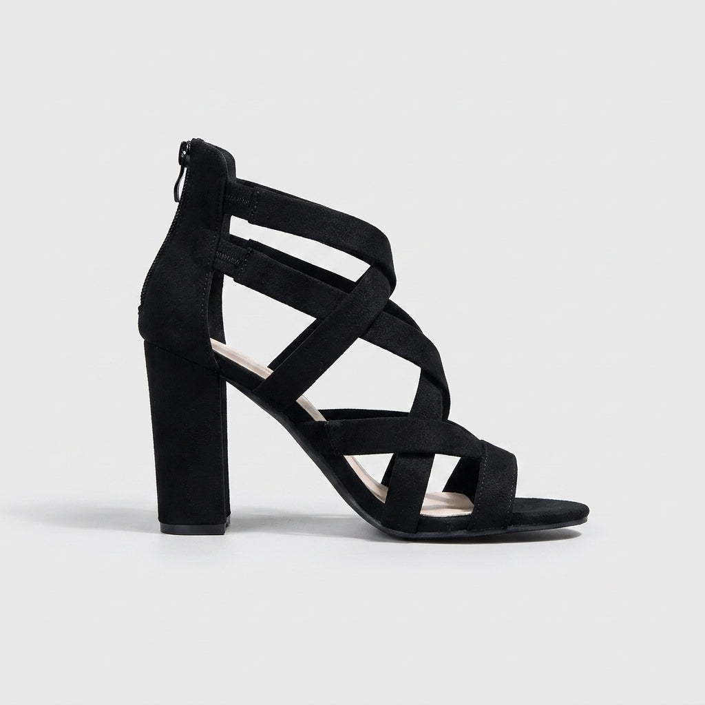 Women's Strappy Block Heels - Open Toe - Cross Strap - Rear Zip - 9.5cm Heel
