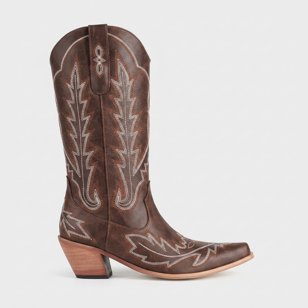 Women's Knee-High Boots Embroidery Western Pointed Toe Stacked Heel