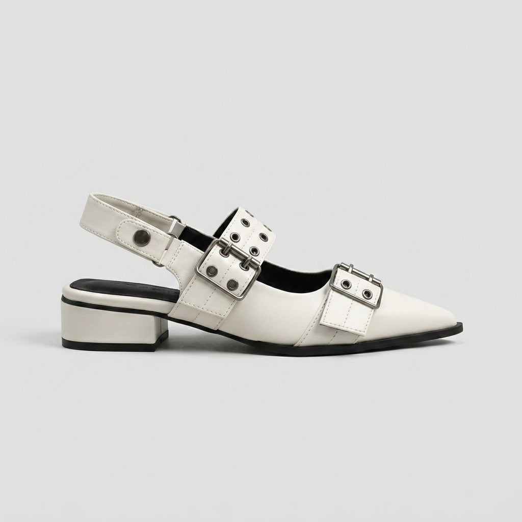 Women's Leather Slingback Heels with Double Buckle Eyelet Strap