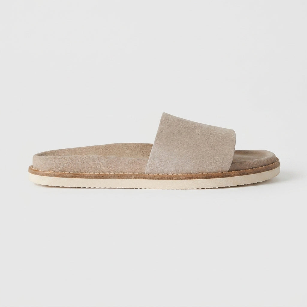 Men's Suede Slide Sandals with Wide Strap and Stitched Trim