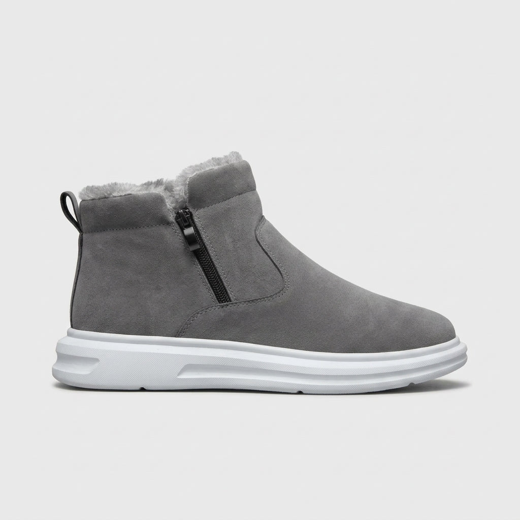 Men's Ankle Boots - Fur-Lined - Side Zip - Rounded Toe - Flat Sole