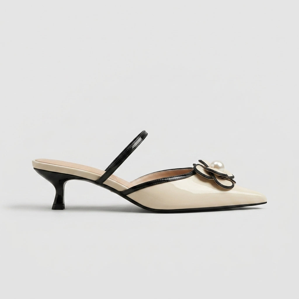 Women's Kitten Heels Pointed Toe Mule - Floral Pearl Embellishment