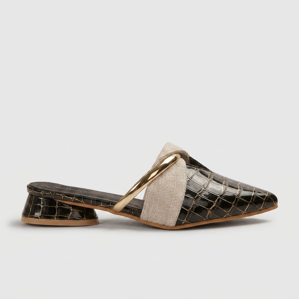Women's Pointed Toe Slide Flats with Metallic Ring Strap