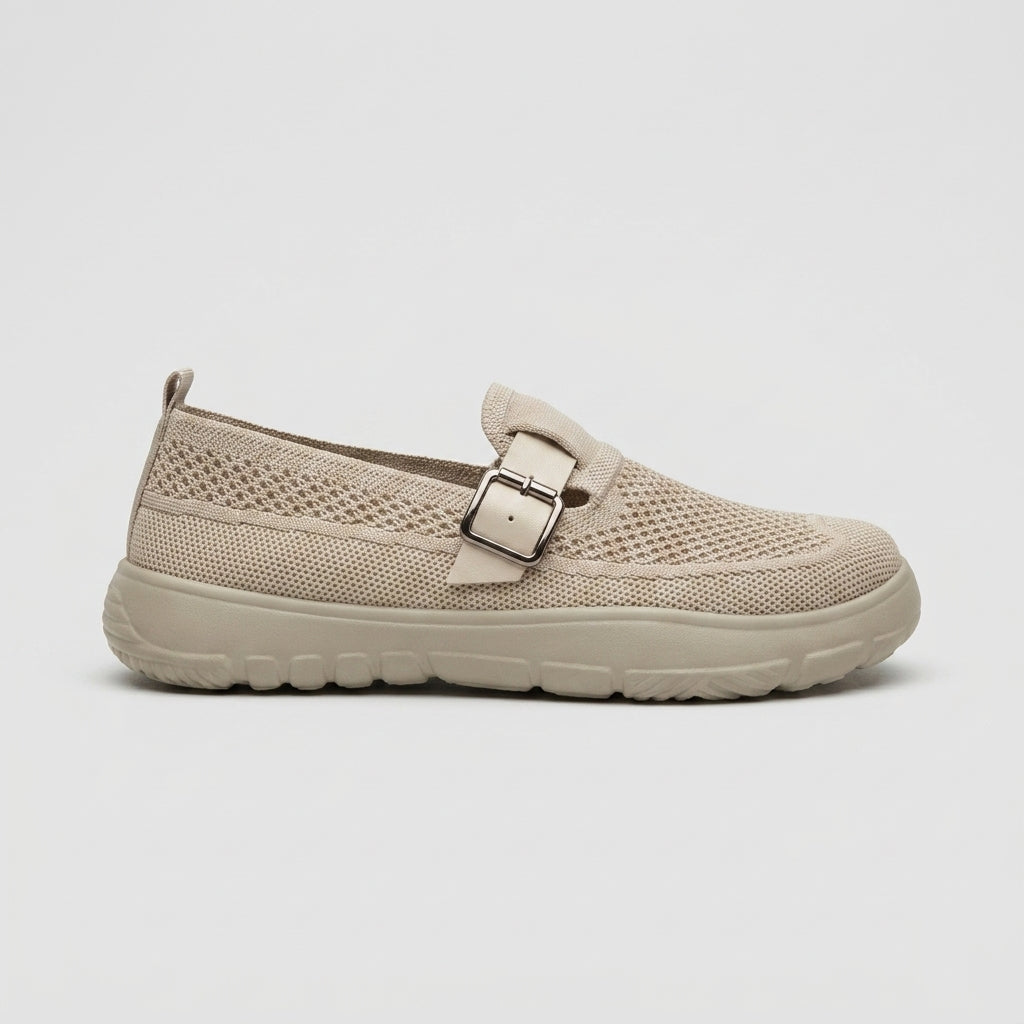 Women's Flats - Mesh Knit Mary Jane Buckle Strap Slip-On