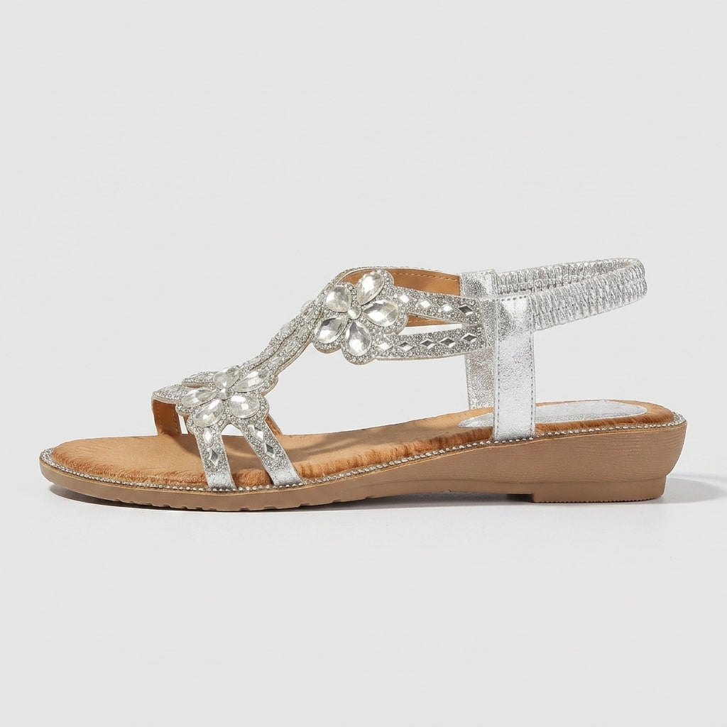 Women's Sandals T-Strap Beaded Elastic Slingback Low Wedge