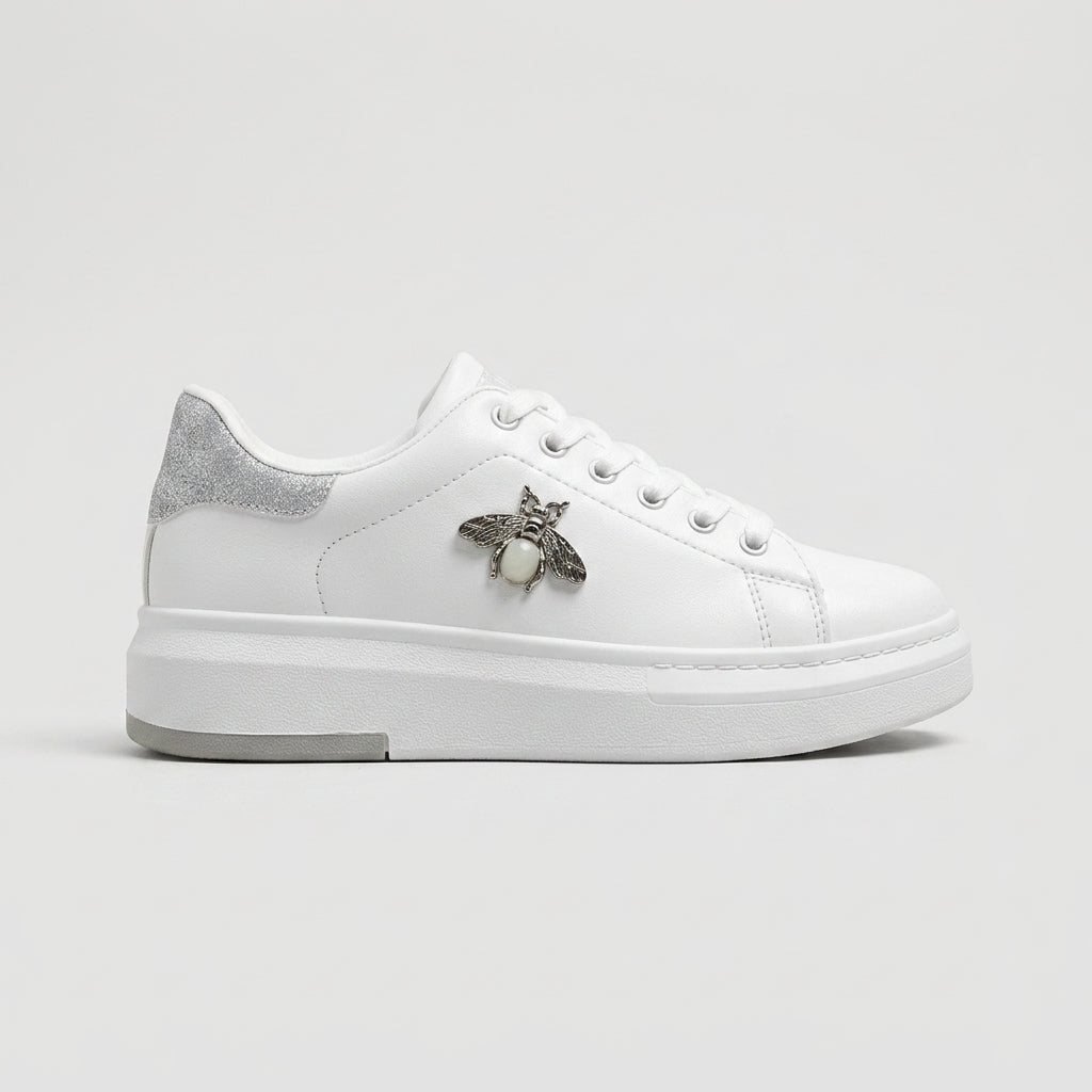 Women's White Lace-Up Platform Trainers with Bee Charm Detail