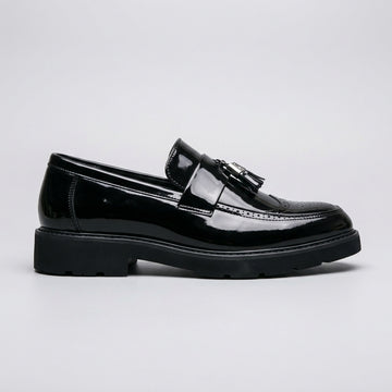 Men's Leather Glossy Tassel Platform Loafers - Rubber Sole Slip-On Dress Shoes