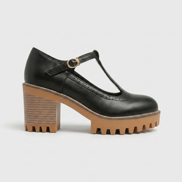 Women's Heels T-Bar Block Heel Brogue Leather Oxford Style