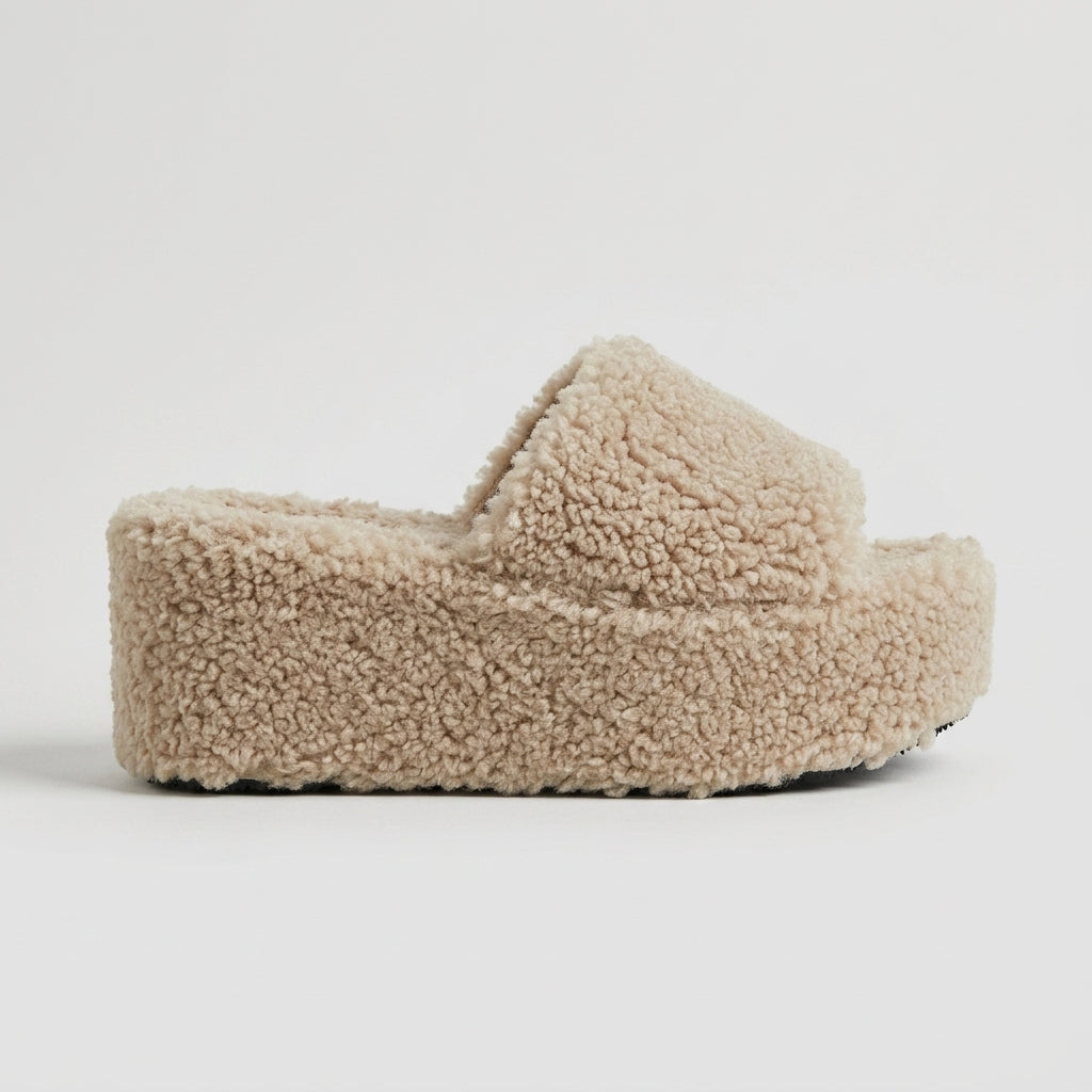 Women's Platform Sandals Open Toe Fuzzy Faux Fur Slip On