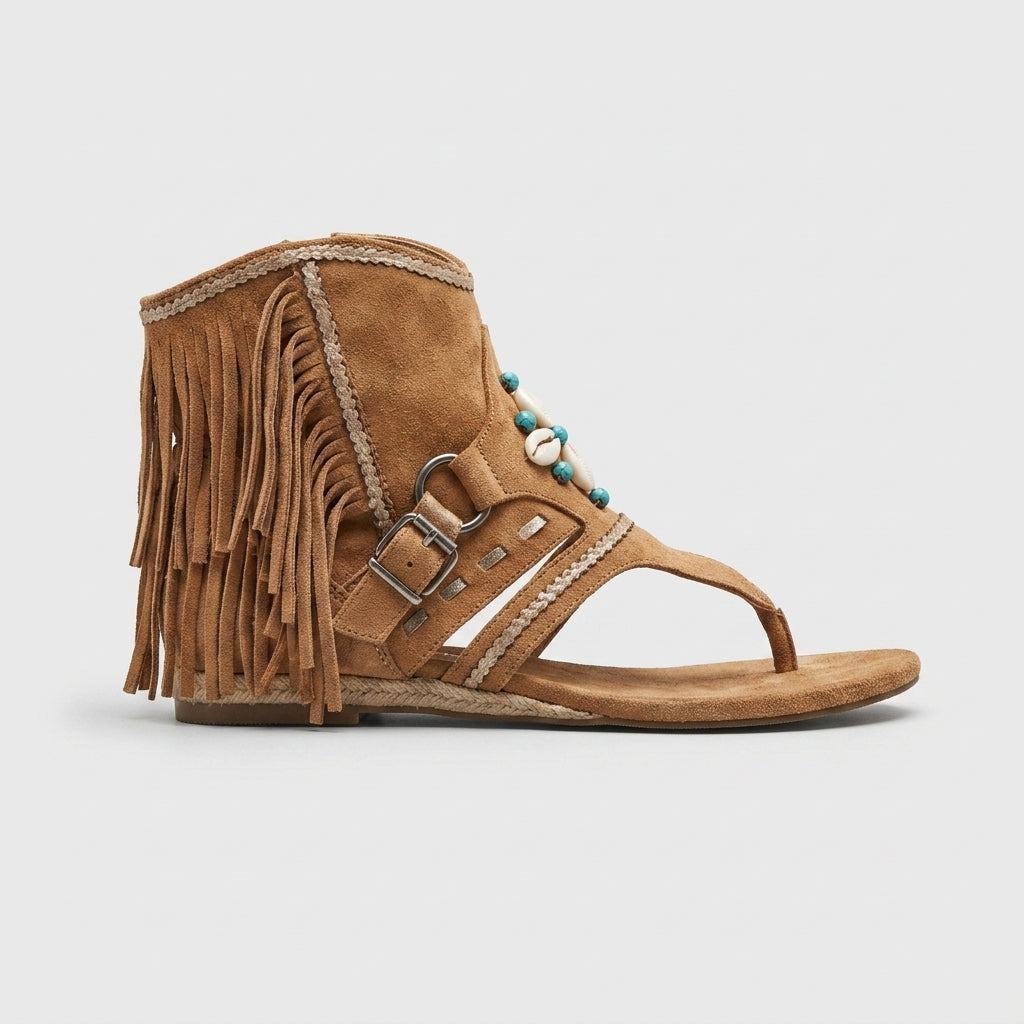 Women's Cowboy Fringe Thong Sandals with Beaded Ankle Cuff and Flat Sole