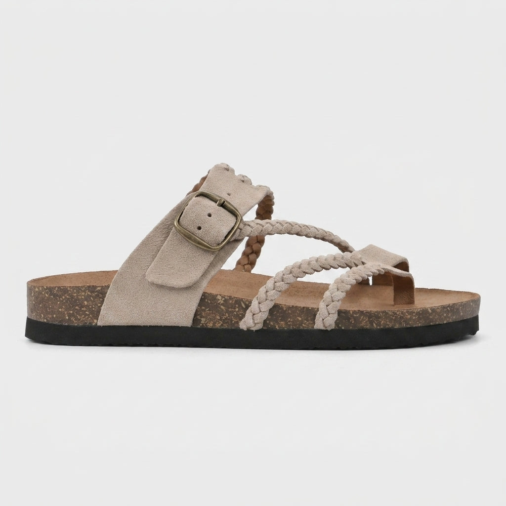 Women's Braided Strappy Sandals with Buckle Closure and Toe Loop