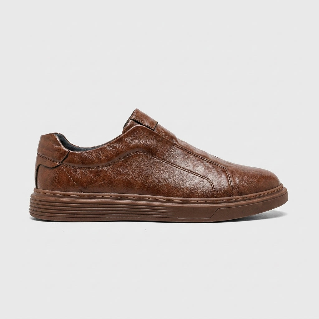 Men's Leather Slip-On Sneakers with Round Toe and Ridged Sole