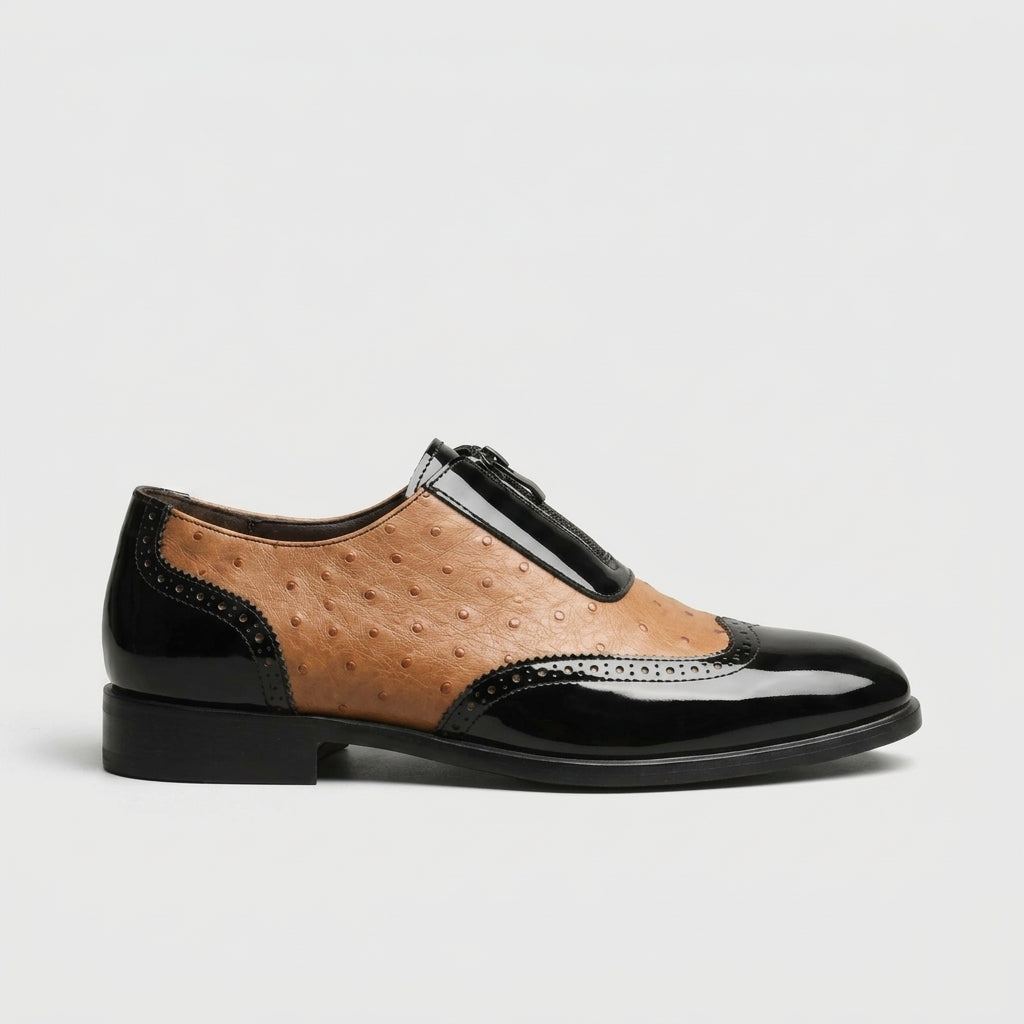 Men's Oxford Wingtip Zipper Closure Ostrich-Embossed Patent Leather