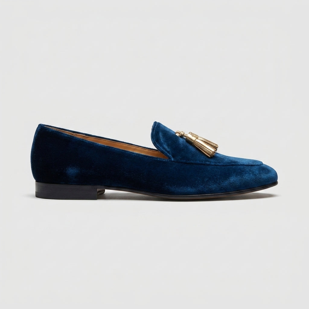Women's Navy Blue Velvet Tassel Loafers - Flat - Slip On