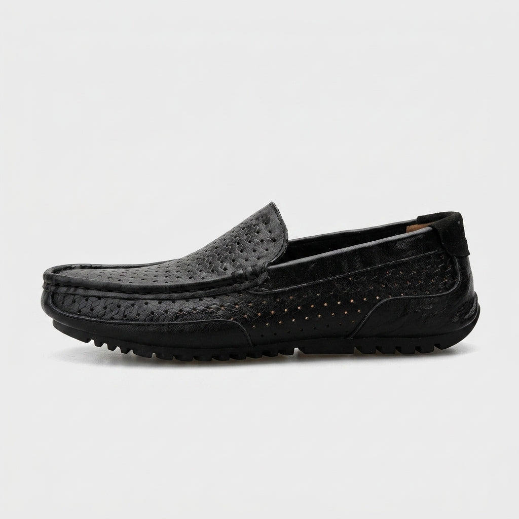 Men’s Leather Slip-On Loafers with Woven Upper and Rounded Toe