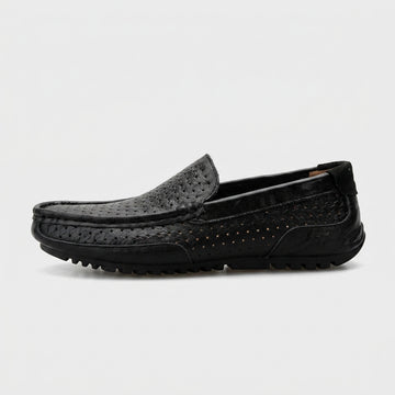 Men’s Leather Slip-On Loafers with Woven Upper and Rounded Toe
