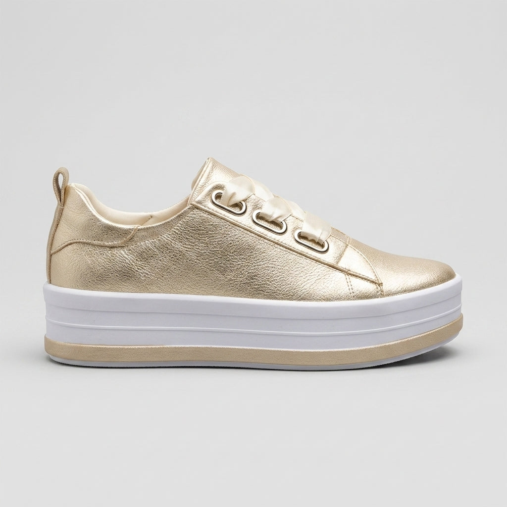 Women's Platform Sneakers - Lace-Up - Metallic Upper - Low Top