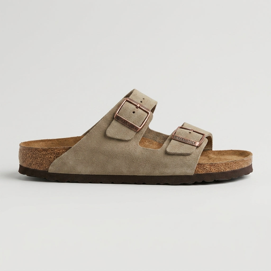 Women's Suede Sandals Cork Footbed - Two Strap Buckle Closure Flat Sole