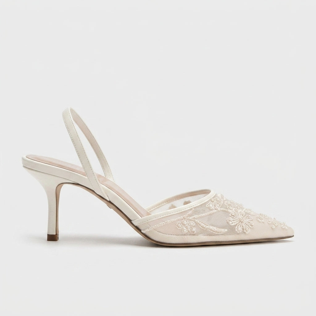 Women's Kitten Heels - Embroidered Mesh Pointed Toe - Slingback