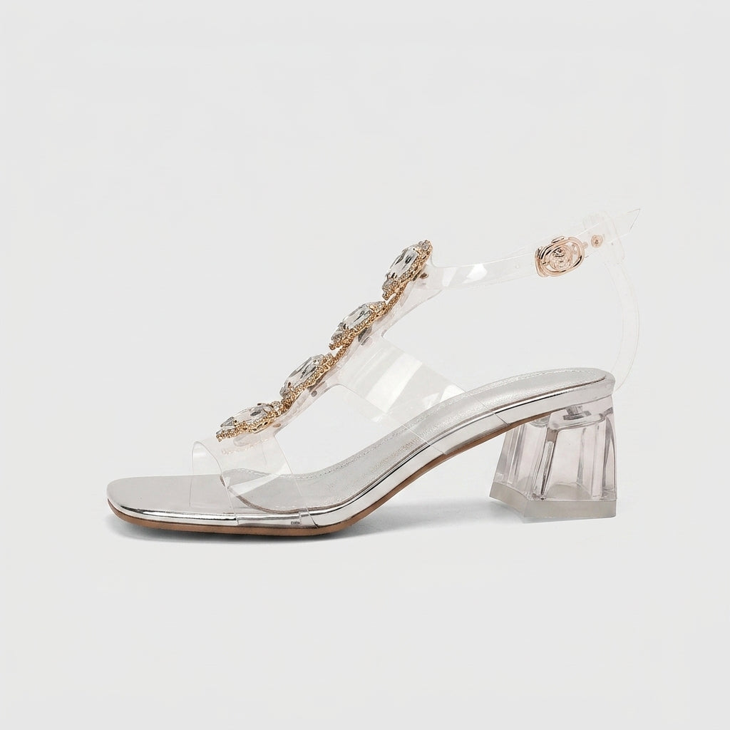 Women's Clear PVC T-Strap Sandals with Rhinestone Chain and Lucite Heel