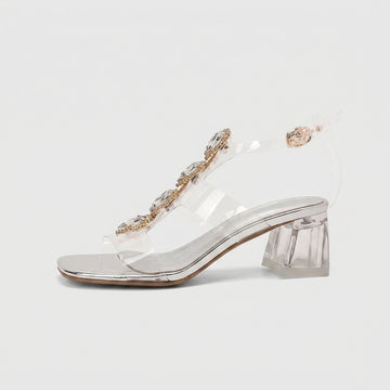 Women's Clear PVC T-Strap Sandals with Rhinestone Chain and Lucite Heel