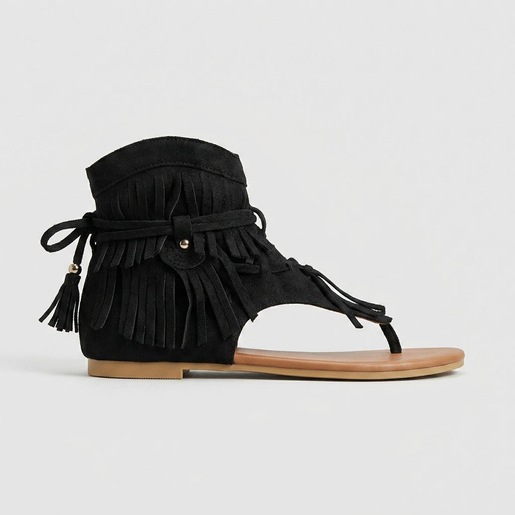 Women's Cowboy Flat Sandals T-Strap Ankle Wrap Fringe Perforated