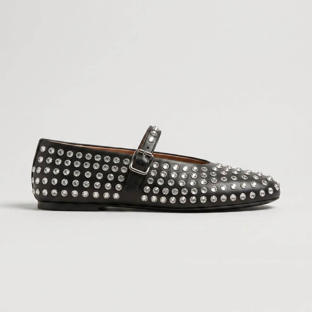 Women's Mary Jane Studded Crystal Embellished Ballet Flats