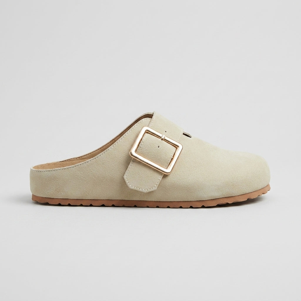 Women's Slip-On Mules Round Toe Buckle Strap Flat Sole