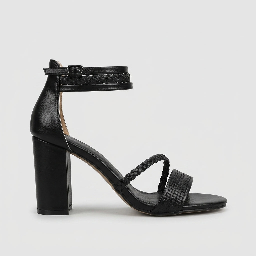 Women's Braided Ankle Strap Block Heels - Open Toe - Buckle Closure