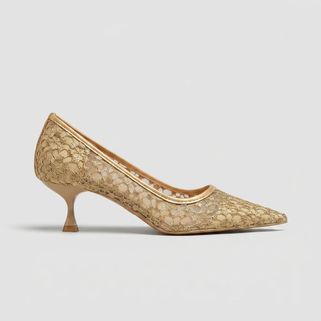 Women's Kitten Heels Pointed Toe Lace Slip-On Pumps