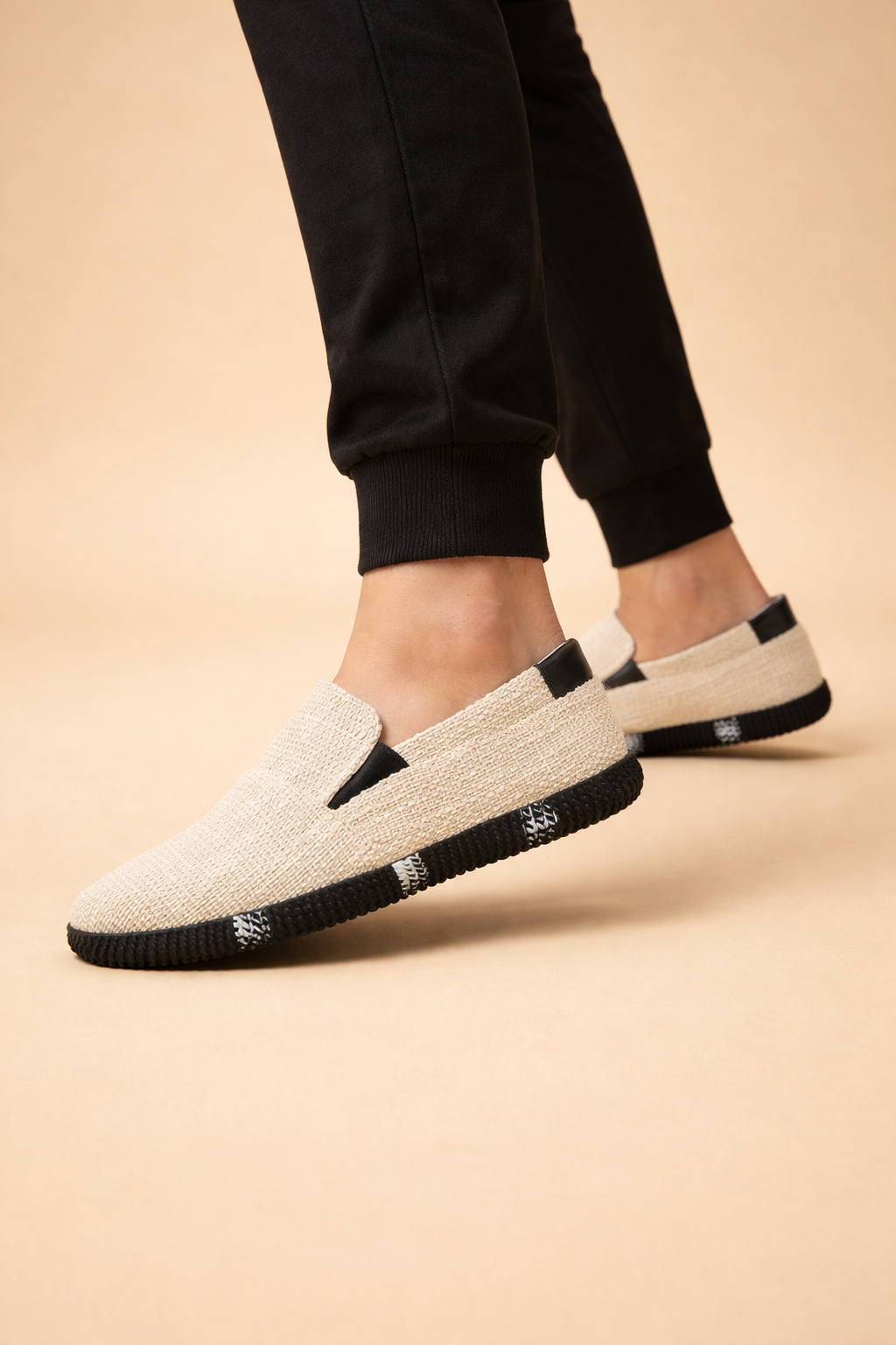Men's Textured Canvas Slip-On Loafers Round Toe Slingback Strap