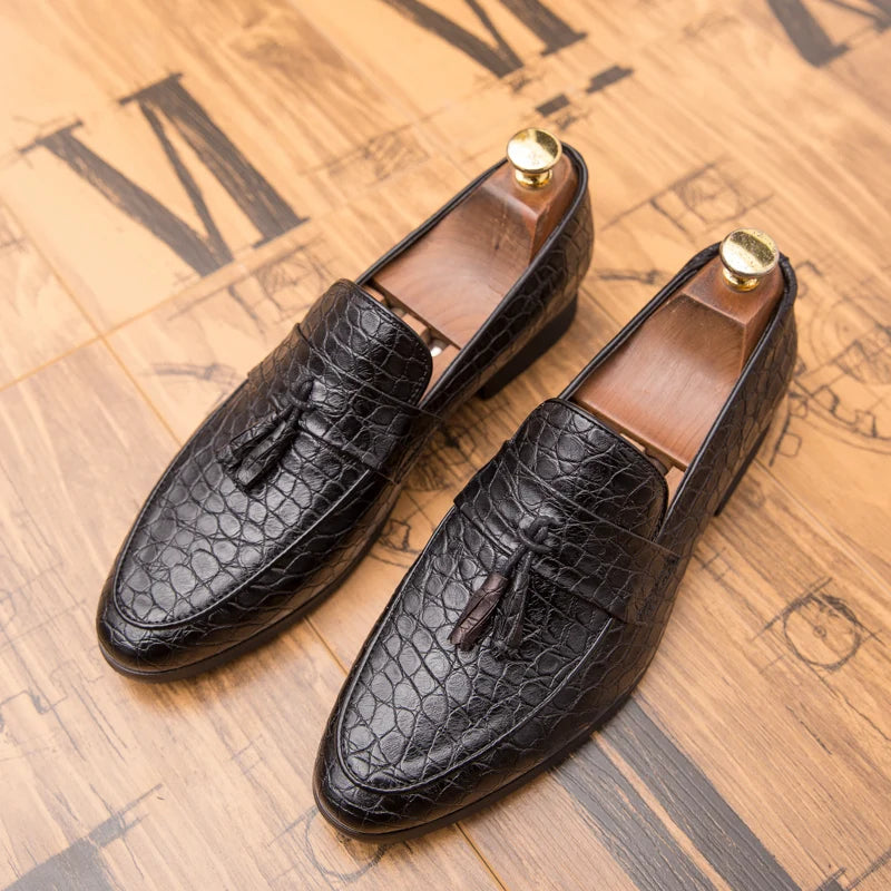 Men's Tassel Loafers - Slip-On Croc Embossed Upper - Pointed Toe