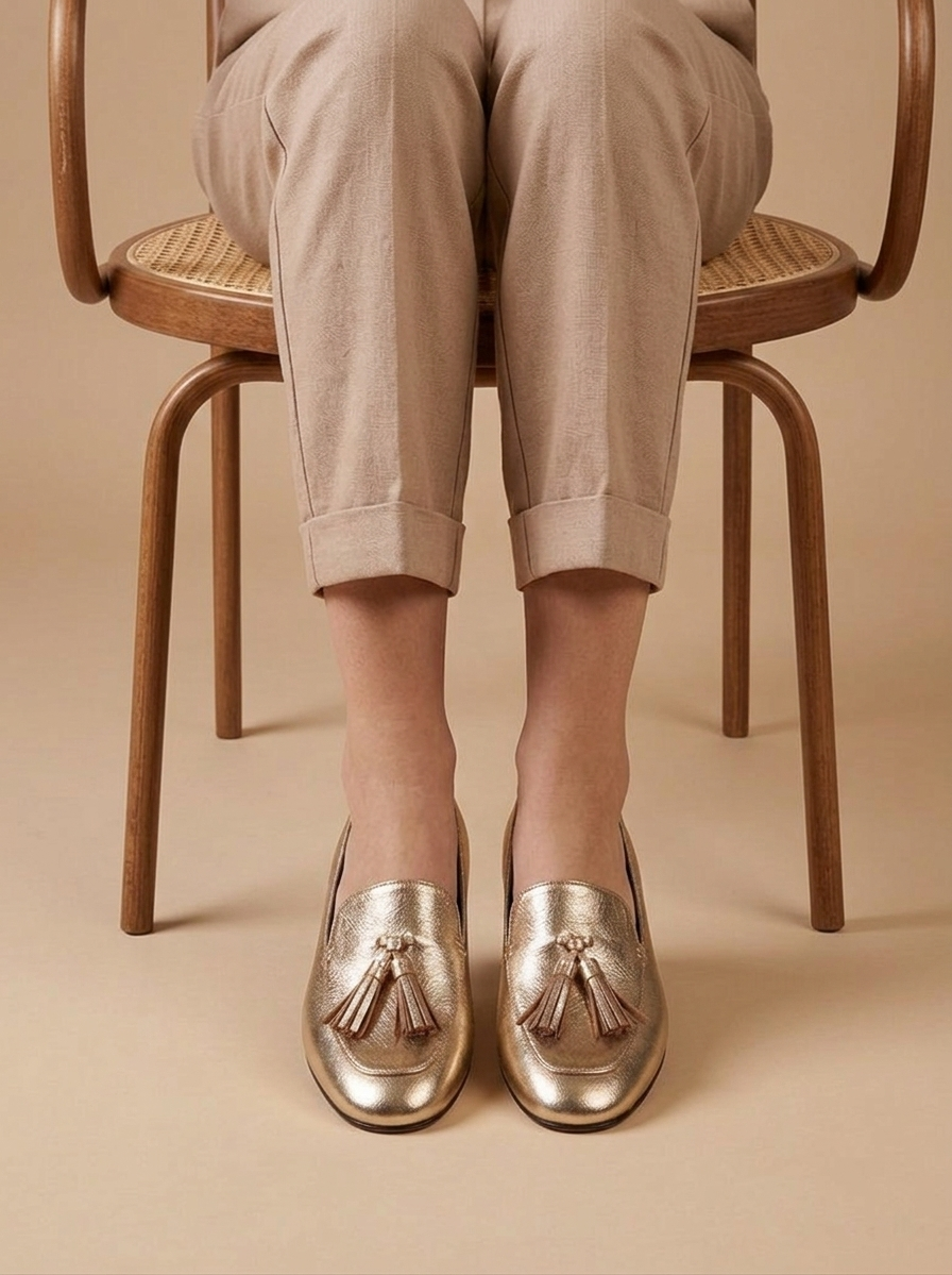 Women's Tassel Loafers – Slip-On Flat Shoes with Round Toe in Gold