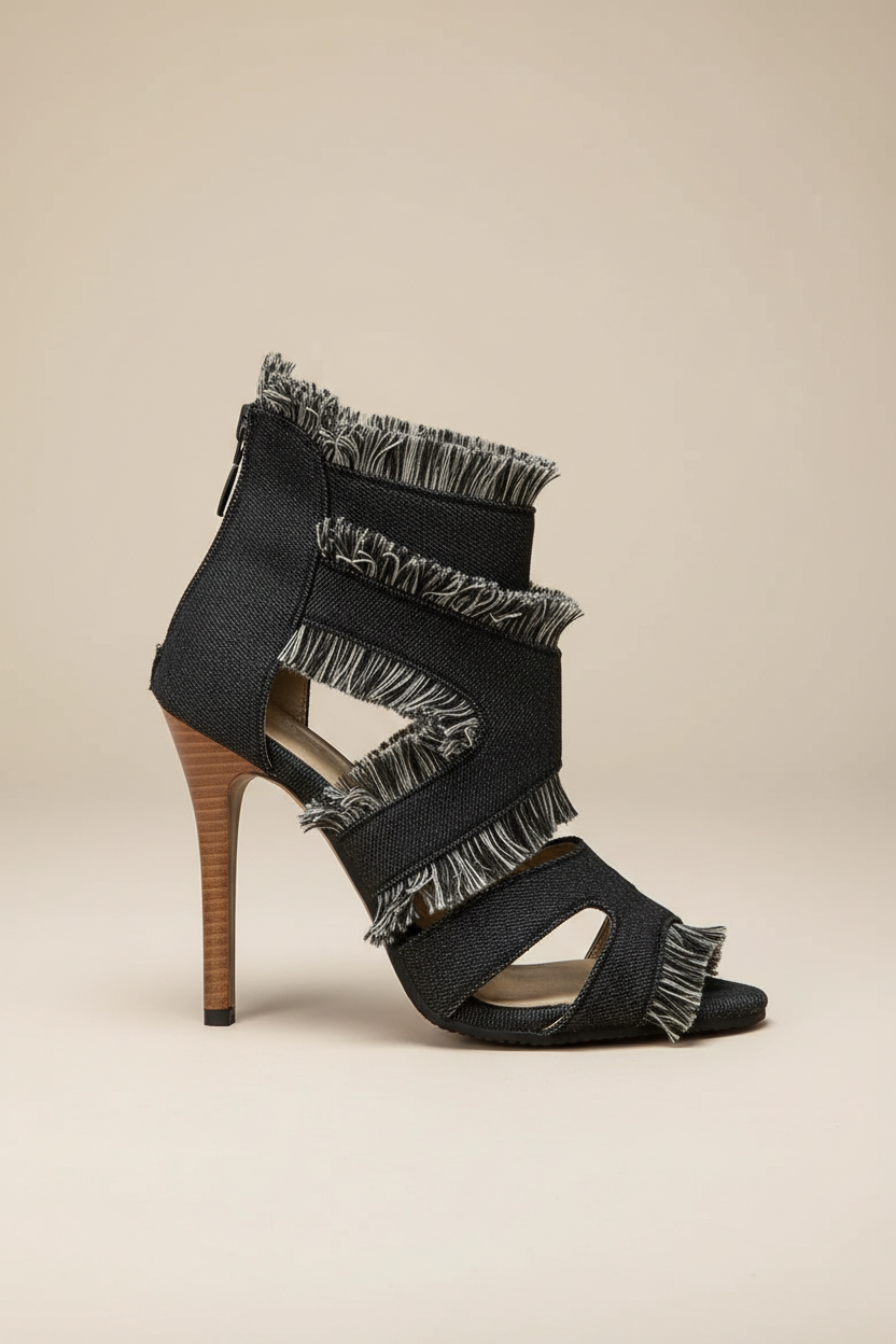 Women's Strappy Heeled Sandals - Peep Toe - Fringe Strap - Stiletto Heel