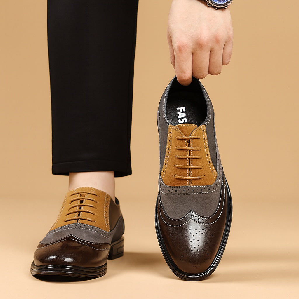 Men's Leather Wingtip Brogue Oxford Shoes - Lace-Up Rubber Sole